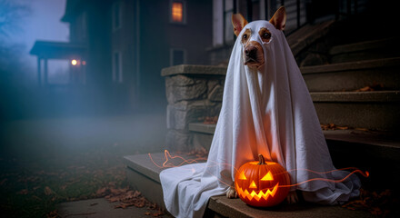 Cute dog dressed as ghost sitting beside glowing jack o lantern on foggy Halloween night festive autumn atmosphere