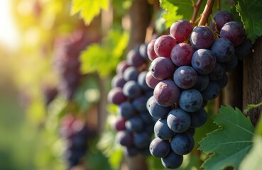 Bunches of ripe dark grapes hang on vine. Sunlight shines on fruit growing in vineyard. Green leaves and tendrils surround clusters of juicy berries.