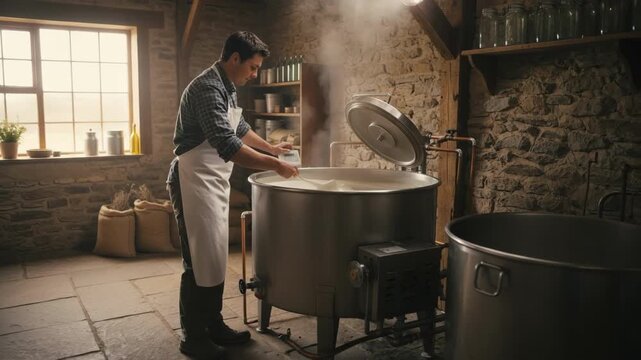 Medium shot of a technician carefully monitoring the batch pasteurization process of goat milk in a rustic dairy setting.