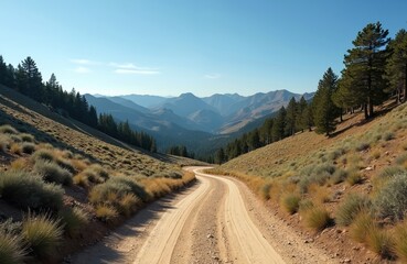 Winding dirt road goes through mountain valley. Green pine trees line steep slopes. Dry grass, bushes cover hills. Blue sky above vast wild natural landscape. Remote path leads to distant rugged