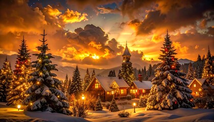 Snowy Christmas village at sunset.  Golden light bathes a picturesque village nestled in snow-covered mountains, adorned with twinkling Christmas lights on fir trees.  Houses are warm, inviting