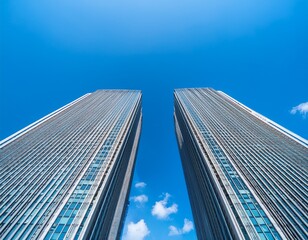 front view of the top of two tall residential towers with blue sky and copy space achitecture concept
