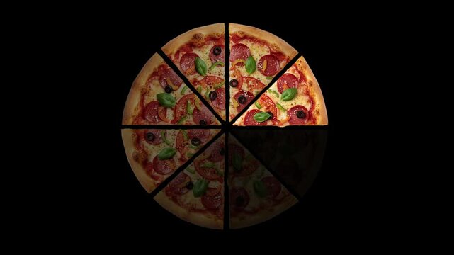Animation of the loading circle in the form of pizza slices on the black background