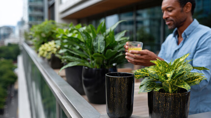 A man enjoys a refreshing drink while surrounded by lush indoor plants, illustrating the calming influence of greenery in urban living spaces.