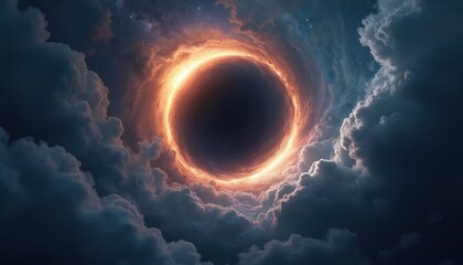 Fototapeta premium Illustration shows dark hole surrounded by fiery clouds. Dramatic light effects on a black circle in space. This cosmic design embodies mystery of cosmos.