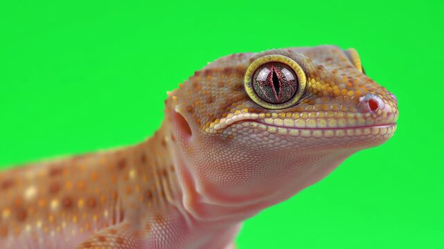 Hyper-realistic gecko lizard close up showing detailed skin and a captivating eye on a green screen background