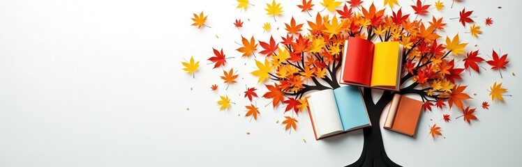 Creative art tree made from open books and fall leaves. Colorful autumn concept photo with red orange yellow leaves and books. Educational season theme.