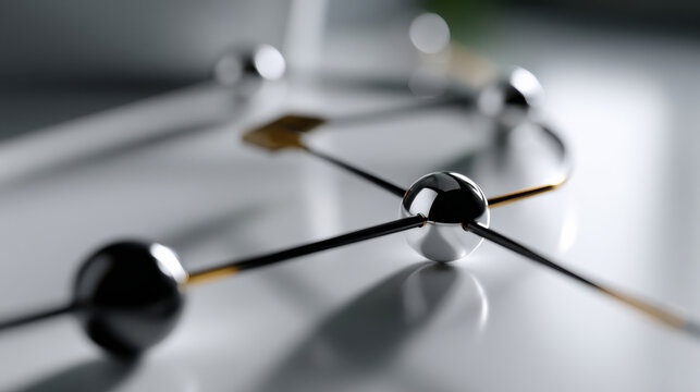 This image features a close-up of abstract metallic spheres interconnected with sleek lines, showcasing a modern representation of technology and connectivity in a minimalist aesthetic. - Powered by Adobe