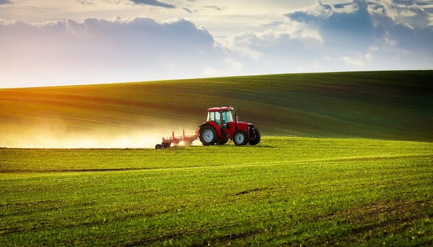 red tractor plowing a vast green field