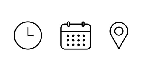 Clock, calendar, and location icons for date, time, and navigation concepts, Date icon, Time icon, Vector illustration.