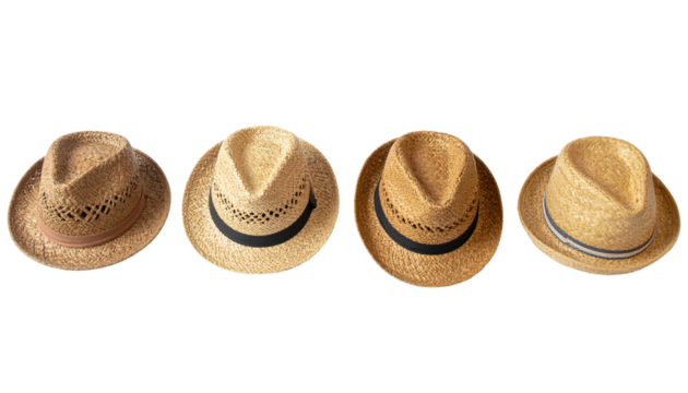 Four Fashionable Straw Hats in a Row Summer Headwear Protection