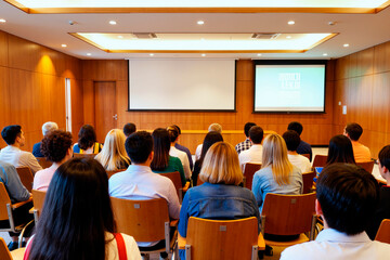 Diverse group of young adults and middle aged men and women sitting in conference room watching presentation on projector screen, backs facing camera, attending business seminar