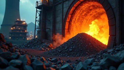 Coal Power Plant Shoveling Fuel into a Massive Furnace, Generating Electricity for a City - A Visual Depiction of Energy Production and its Environmental Impact