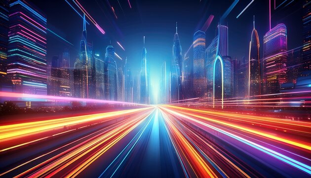 speed light trails path through smart modern mega city and skyscrapers town with neon futuristic technology background