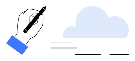 Hand holding a pen drawing lines near a cloud shape. Ideal for creativity, digital storage, brainstorming, innovation, cloud computing, design process, minimalism. Simple flat metaphor