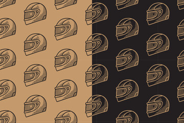 Protection headgear, racing helmet engraving pattern on tan black background set for workshop and garage. Biker and motorsport helmet hand drawn isolated motif background pack. Vector illustration