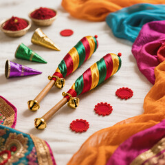 Diwali Flatlay Advertisement Plain Cloth Dandiya Sticks Ribbons Bells Red Bindis Mehndi Cones Colorful Dupattas Bright Lively Lighting Festive Spirit Cultural Vibrancy