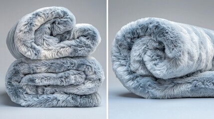 Soft and cozy gray blankets stacked neatly on a light background in a well-lit setting