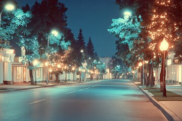 Quiet nighttime street illuminated by soft lights, lined with tr