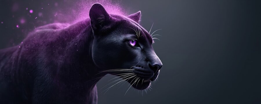 Black panther with glowing purple eyes, shimmering particles around head. Wild big cat stands against dark grey background. Majestic animal with mystic energy, fierce predator. Bold creature - Powered by Adobe
