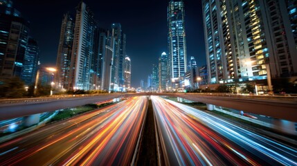 Fototapeta premium Bright streaks of car lights move through the city streets at night. Tall skyscrapers dominate the skyline as the city comes alive with activity and energy.