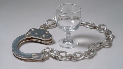 Silver handcuffs with a long metal chain encircling an empty transparent glass, portraying the deep physical and psychological dependence on alcohol and addiction.