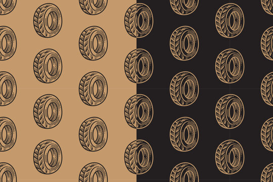 Car tire, vehicle wheel engraving pattern on tan black background set for garage and workshop. Auto wheel, vehicle tire hand drawn doodle isolated motif background pack. Vector illustration