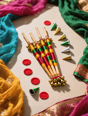 Diwali Flatlay Advertisement Plain Cloth Dandiya Sticks Ribbons Bells Red Bindis Mehndi Cones Colorful Dupattas Bright Lively Lighting Festive Spirit Cultural Vibrancy