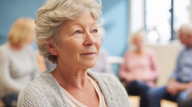 A senior woman with gray hair sits focused during a group discussion in a bright community center. Other people are present sharing ideas and experiences. - Powered by Adobe