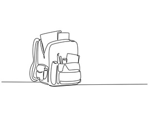 Continuous line drawing of backpack with stationary . Single line illustration of opened backpack with stationary. Back to school concept. Editable outline © Zuistudio