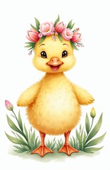 Cute yellow duckling with flower crown stands among green grass and tulips. Adorable baby bird wears floral headdress. Sweet chick appears happy and playful.