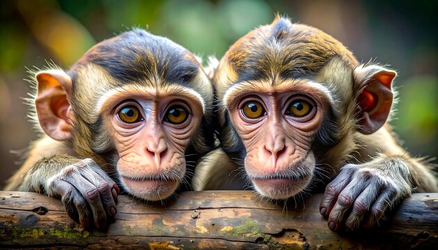 Two adorable primates peering over a wooden branch
