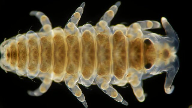 Scientific microscopy view of a translucent aquatic isopod crustacean moving its legs and antennae