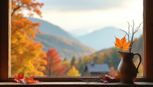 View from rustic window shows autumn mountain range. Orange and red leaves adorn trees. A ceramic pitcher holds fall foliage and bare branches.
