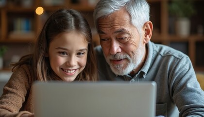 Smiling young girl and elderly man learn together, sharing computer time. They look at laptop screen, bonding over technology indoors. Warm family connection evident.