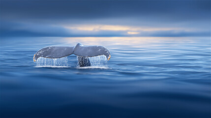 Naklejka premium Melting iceberg floating in calm ocean at sunset, concept of climate change, global warming and environmental awareness.