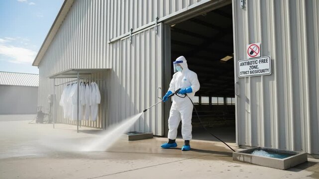 Medium shot of a farm employee disinfecting a barn entrance focusing on strict biosecurity measures to prevent disease in antibioticfree poultry.