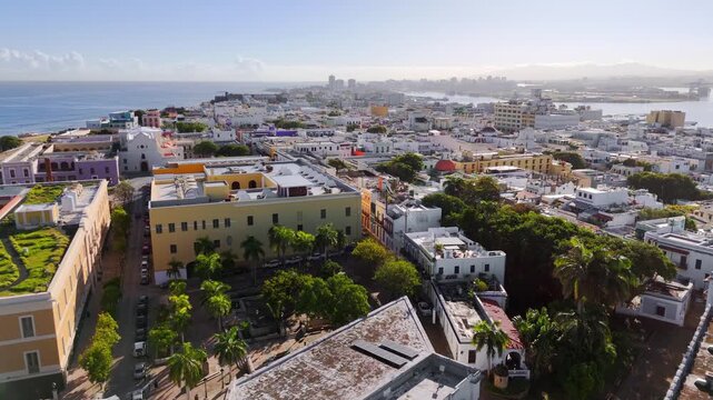Colorful Old San Juan, Puerto Rico aerial drone video of historic district