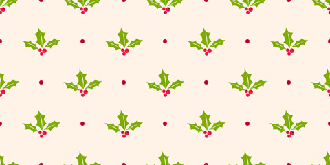 Holly berry vector seamless pattern. Christmas background with mistletoe berries, green leaves, dots. Traditional winter holiday symbol. Cute modern all-over texture. Repeated design for print, decor © Olgastocker