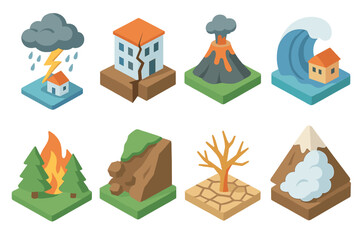 Fototapeta premium Natural Disaster Icons. Nature Disasters set icons in flat vector style. Storm, earthquake, volcano, tsunami, wildfire, landslide, drought, avalanche