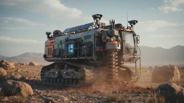 Medium shot capturing an unguided autonomous drilling machine navigating rough terrain as it drills into the earth independently.