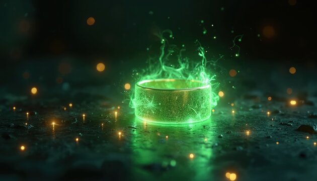 Golden ring emits bright green energy. Small yellow lights sparkle around. Dark, futuristic background adds mystery. Abstract, magical glow emanates from artifact.