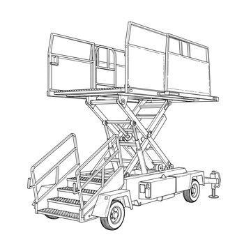 Aircraft Boarding Stairs Technical Illustration - Detailed Engraving Style Black and White Vector Drawing