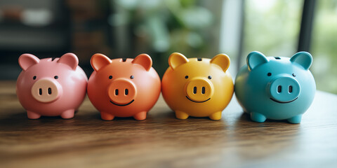 Obraz premium Row of four multicolored piggy banks on wooden table. Savings, financial planning tips and household budgeting concept