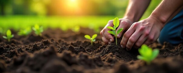 Farmer Planting Seedlings in Rich Dark Soil Sunlight Illuminates New Spring Growth, Promising a Bountiful Harvest.
