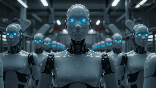Industrial Humanoid Robots in Cool Palette Symbolizing Automated Activation