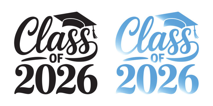 Class of 2026 Hand Lettering Typography Design with Graduation Cap - Black and Blue Vector Set