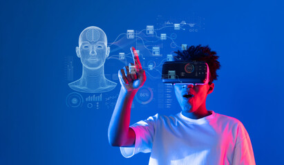 A person interacts with virtual reality technology, exploring generative AI and data analytics concepts, enhancing personal assistance in marketing strategies and user experiences. XDMCP