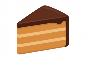 Slice of chocolate layer cake dessert with ganache icing. Sweet baked food icon on transparent background
