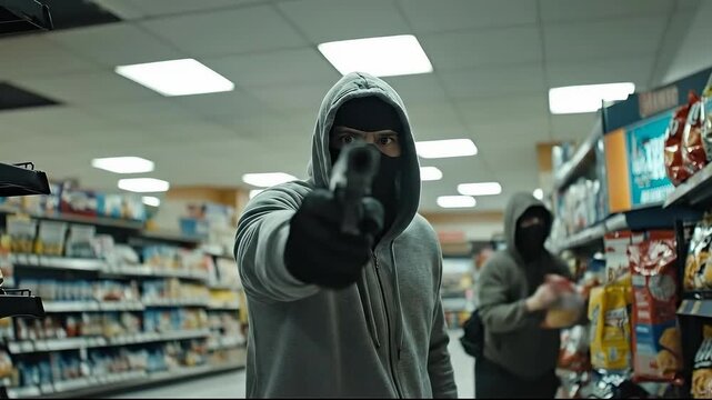 A tense scene of a robbery in a store with masked figures.
